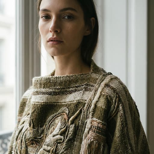 Model wearing a bespoke garment in natural textiles — watch our story