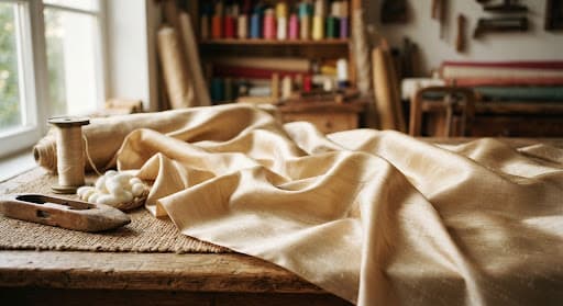 Bolt of natural linen resting on a studio worktable