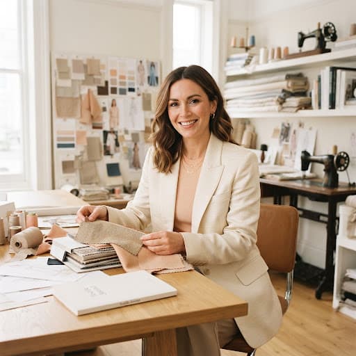 Textile expert in a studio surrounded by fabric swatches